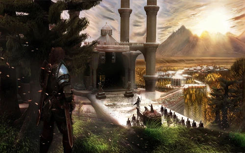 храм, город, фантастика, арт, коричневые, желтые, зеленые