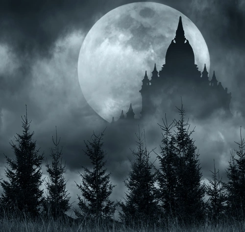 замок, луна, силуэт, белые, серые, черные