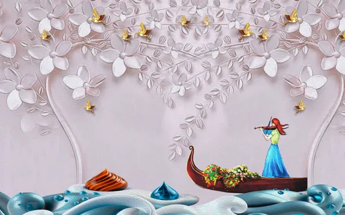 деревья, цветы, птицы, лодка, девушка, бежевые, голубые