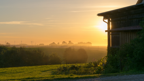 дом, поле, рассвет, природа, зеленые, оранжевые