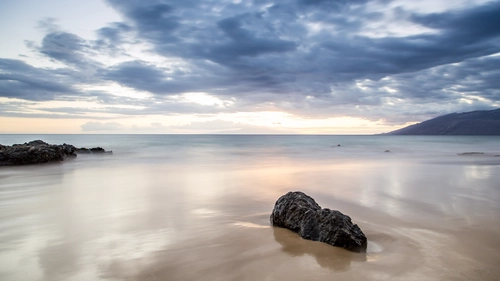пляж, синие, бежевые, камень, океан, песок, облака