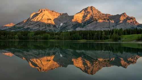 горы, закат, отражение, природа, лес, коричневые