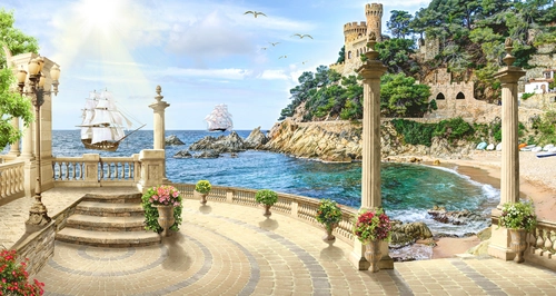 корабль, берег, замок, колонны, голубые, бежевые, коричневые, зеленые, HD