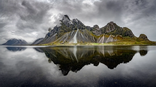 горы, озеро, природа, зеленые, серые