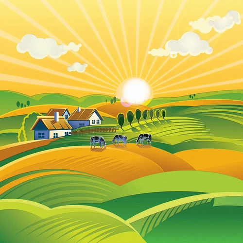 вектор, поле, рассвет, арт, зеленые, желтые