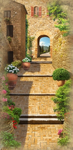 город, улица, улочка, камни, кирпичи, окна, цветы, кашпо, горы, гора, желтые, бежевые, оранжевые