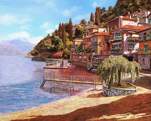 город, набережная, море, озеро, река, горы, пирс, вода, берег, дома, деревья, голубые, зеленые, оранжевые