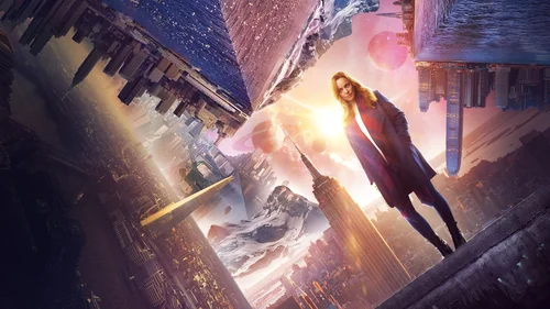 фантастика, город, дома, девушка, блондинка, небо, планеты, бежевые, серые