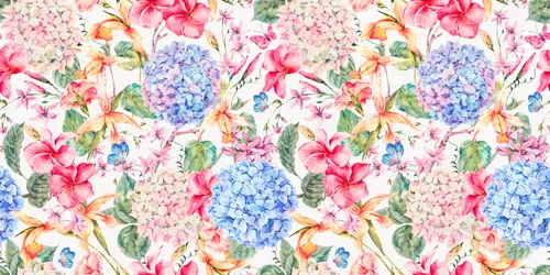 паттерн, цветы, узор, красные, розовые, голубые, синие, бабочки