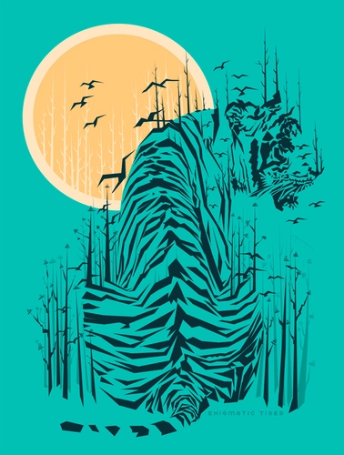 тигр, лес, вектор, арт, зеленые, желтые, черные