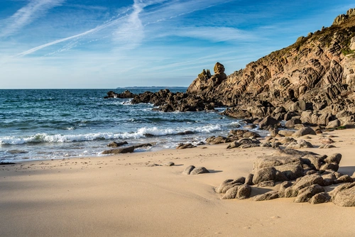 пляж, камни, песок, желтые, коричневые, синие, волны