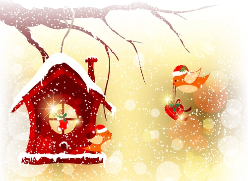 вектор, зима, снег, дом, красные, желтые