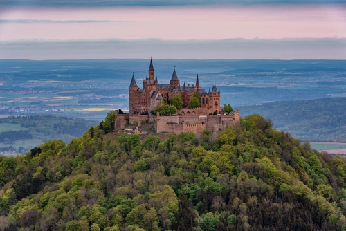 замок, холм, лес, деревья, равнина, голубые, зелёные