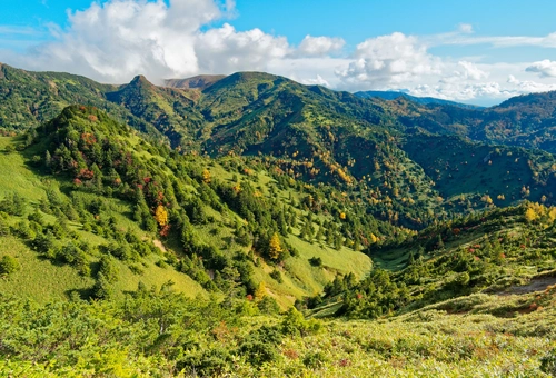 горы, япония, природа, зеленые, белые, голубые