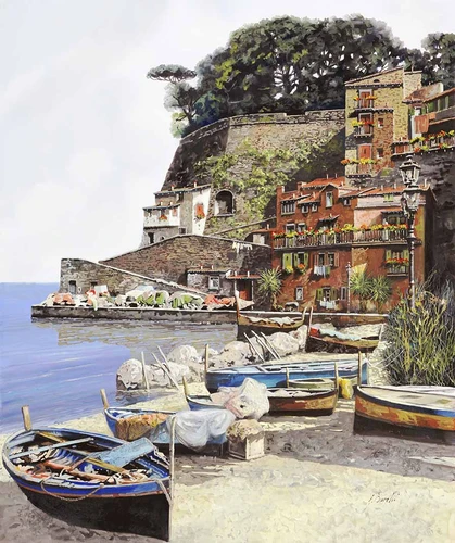 берег, пляж, лодки, лодка, пирс, песок, горы, гора, вода, море, река, дом, дома, окна, деревья, растительность, оранжевые, бежевые, голубые, зеленые