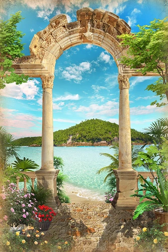 арка, море, вода, океан, пляж, песок, горы, гора, растительность, зелень, цветы, небо, голубые, бежевые, зеленые