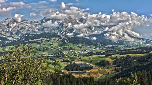 горы, долина, город, природа, зеленые, серые