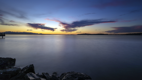 закат, озеро, оранжевые, темные, синие