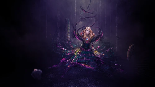 фентези, рисунок, девушка, лес, чёрные