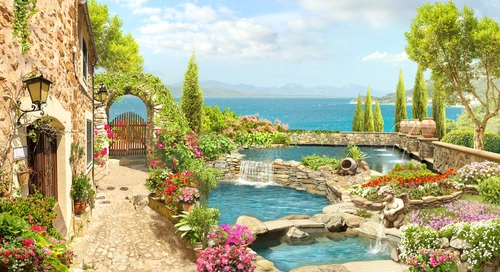 остров, океан, арка, цветы, зеленые, синие, голубые, HD