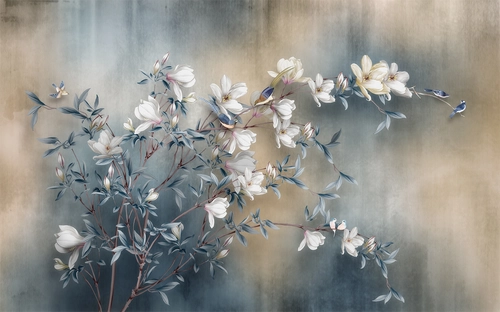 растения, цветы, кустарник, листья, птицы, голубые, белые, бежевые