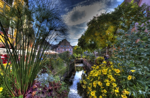 цветы, франция, река, деревня, зеленые, желтые