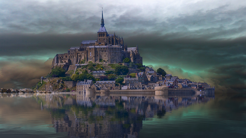 замок, остров, архитектура, здание, отражение, вода, небо, зелёные, фиолетовые, серые
