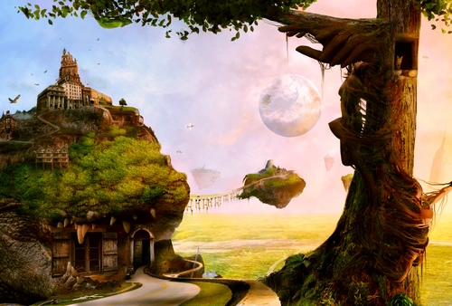 скала, гора, дерево, природа, фантастика, желтые, коричневые, зеленые