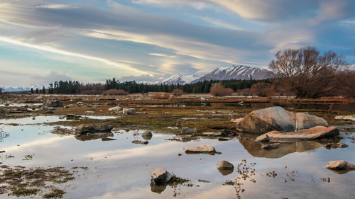 горы, вода, камни, коричневые, облака, голубые