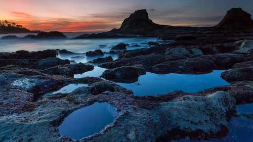 вечер, океан, камни, вода, коричневые, синие