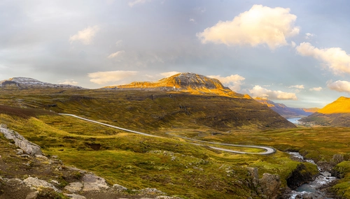 небо, холмы, долина, трава, река, дорога, голубые, зелёные