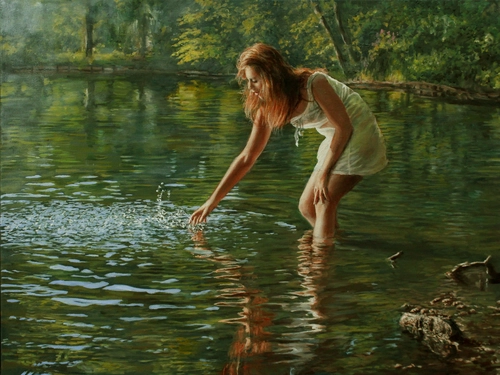 девушка, река, природа, картина, живопись, зеленые, бежевые, белые
