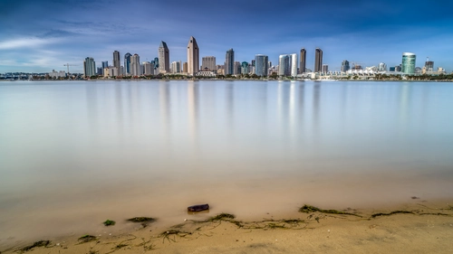 город, отражение, озеро, песок, коричневые, синие