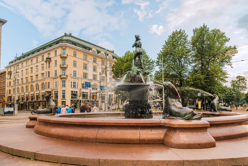 фонтан, город, архитектура, площадь, коричневые, красные, финляндия