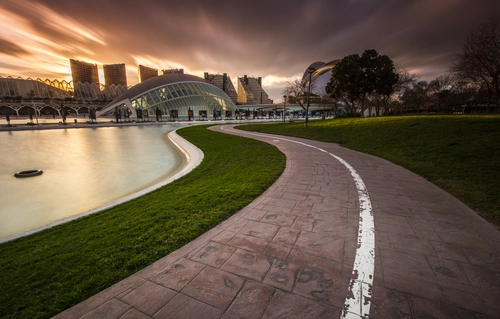 закат, город, река, парк, зеленые, коричневые, бежевые, желтые