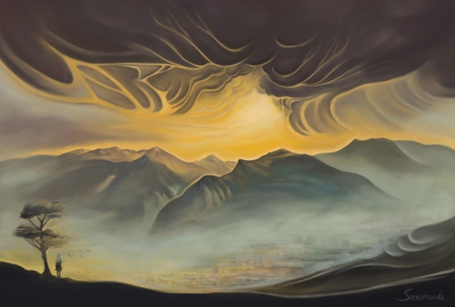 рассвет, тучи, облака, горизонт, желтые, серые, бежевые, картина