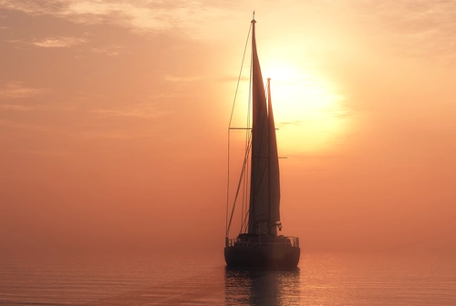 яхта, вечер, солнце, закат, красные, розовые