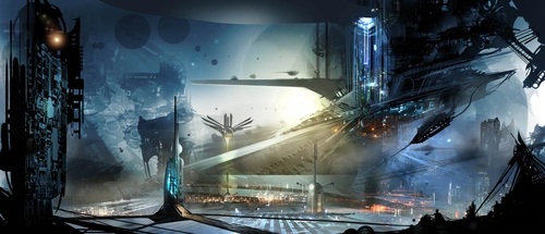 корабль, фантастика, арт, черные, серые, белые, желтые