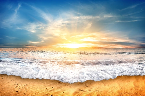 волны, океан, закат, берег, желтые, белые, голубые