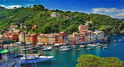 италия, город, море, красные, зеленые, синие, желтые