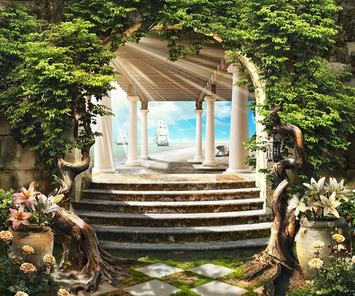 колонна, колонны, корабль, лестница, парк, море, цветы, зелень, растительность, зеленые, бежевые
