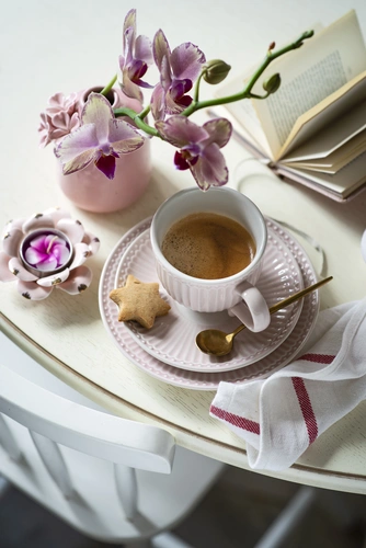 кофе, цветы, печенье, розовые, белые, коричневые
