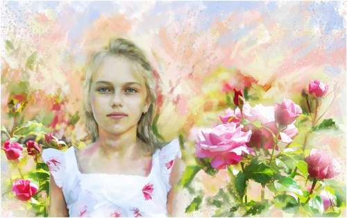 девочка, цветы, картина, светлые, белые, бежевые, зеленые