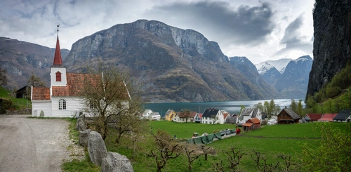 церковь, горы, озеро, серые, зеленые, белые