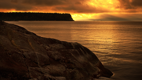 закат, камни, лес, желтые, коричневые