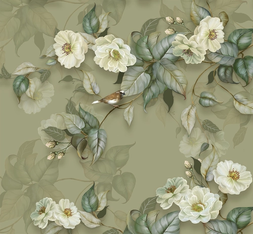 растения, цветы, листья, узоры, птица, зелёные, белые