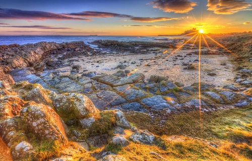 камни, закат, солнце, природа, серые, желтые, зеленые