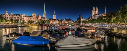 река, лодки, ночь, город, панорама, черные, желтые