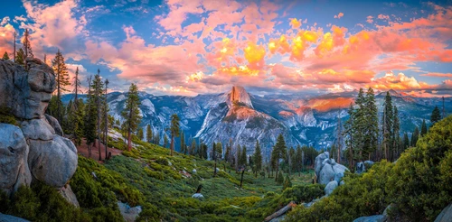 деревья, вечер, горы, панорама, розовые, желтые, зеленые, серые, синие