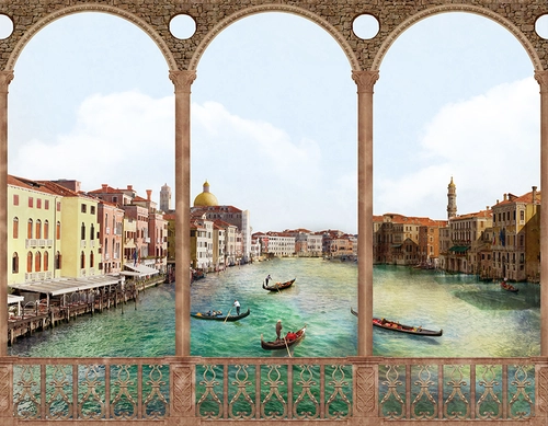 Венеция, лодки, люди, город, дома, колонны, арки, вода, река, берег, набережная, бежевые, голубые
